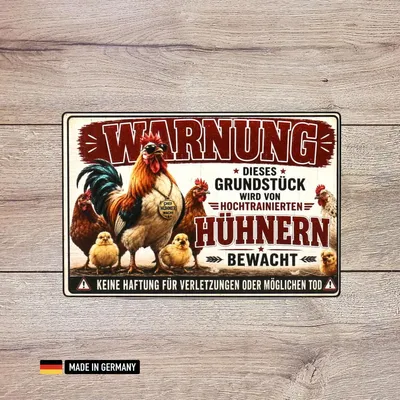 Produktbild von Lustiges Warnschild Hochtrainierte Hühner Dekoschild für Hof & Garten Funschild