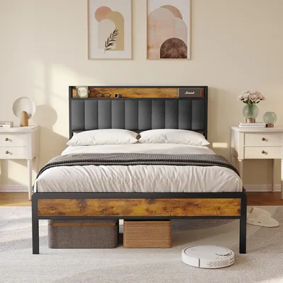 Obrázek produktu pro Dvoulůžko Bealife BF26, standardní rám postele s plošinou, 220,5 x 140 x111 cm, kovový rám postele s odkládacím čelem, robustní, tmavě šedá barva