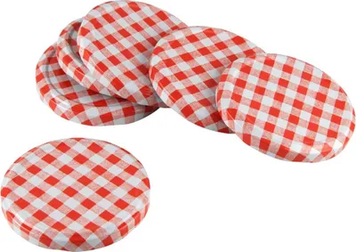 Produktbild von Fackelmann Twist-Off-Deckel Karo Ø 8,5 cm, Marmeladendeckel aus Weißblech, Schraubdeckel für handelsübliche Gläser (Farbe: Rot/Weiß), Menge: 6 Stück