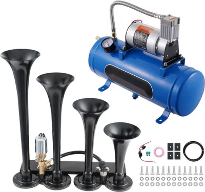 Obrázok produktu pre 190W vlaková húkačka, sada 4 trúbok - hlasný zvuk pre pickupy - 150 dB - 12V vzduchový kompresor 90-120 psi - 6L nádrž s manometrom - univerzálny pre osobné a nákladné vozidlá, vlaky, dodávky, lode atď.