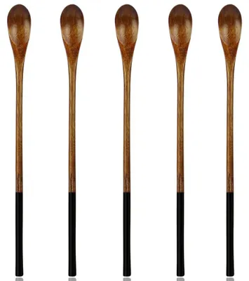 Image de Cuillères en bois, cuillères en bois à long manche, lot de 5 cuillères en bois naturel pour le café, le thé glacé et les boissons chaudes (marron foncé)