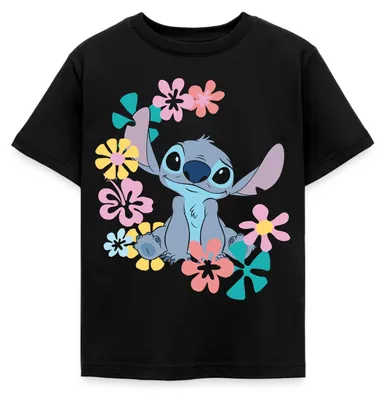 Produktbild von Lilo & Stitch | Stitch Mit Hawaiianischen Blumen Kinder T-Shirt, 122/128 (7-8 Jahre), Schwarz
