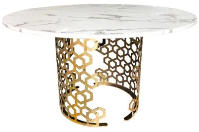 Produktbild von Casa Padrino Luxus Esstisch Weiß / Gold Ø 135 x H. 76 cm - Runder Esszimmer Tisch mit Kunstmarmor Tischplatte - Esszimmer Möbel - Luxus Möbel - Luxus Einrichtung