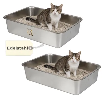 Produktbild von 2er Set Edelstahl Katzenklo Groß Katzentoilette Edelstahl Wanne Katzenklo Metall Katzen Klo hoher Rand Geruchsarm Katzentoiletten Offen Edelstahlwanne Katzen Zubehör