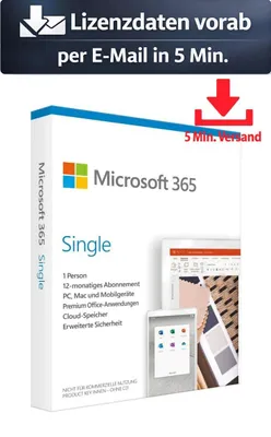Produktbild von Microsoft 365 Single (1 User/ Device - 1 Jahr) ESD Büro Business 5 Min. Versand als Download per Mail