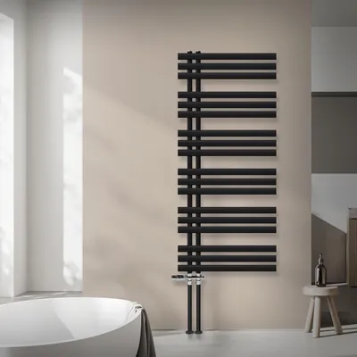 Obrázok produktu pre Dizajnový kúpeľňový radiátor LuxeBath, 600 x 1400 mm, čierny, s podlahovým termostatickým ventilom, vrátane montážnej sady, bez vykurovacieho telesa