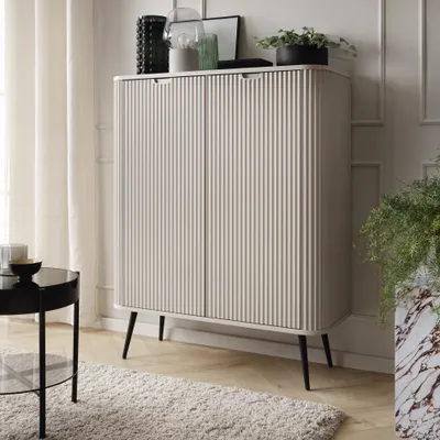 Produktbild von Ovale Hochkommode PORTO KW2D Rillenfront Cashmere Matt auf Schwarzen Füßen Schrank