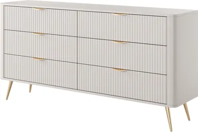 Produktbild von BETTSO Breite Kommode mit 6 Schubladen Geriffelt Fronten Goldene Beine goldene Griffe LANTE 163 cm Beige