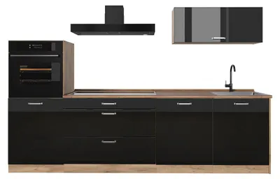 Imagen del producto de Mueble de cocina Vicco R-Line Negro brillo intenso/Roble dorado 280 cm sin encimera, Model 66492