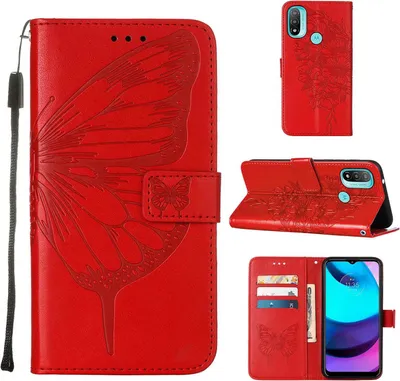 Produktbild von Moto E20 Hülle, Schmetterling Prägung Flip Leder Kartenfächer Schutzhülle Ledertasche mit Ständer für Motorola Moto E20 / E30 / E40 Rot