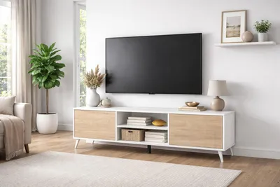 Produktbild von TV-Lowboard mit 2 Türen und 2 Fächern für Wohnzimmer, Schlafzimmer. Abmessungen