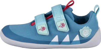A side view of a blue children's shoe with light blue velcro straps and red accents.