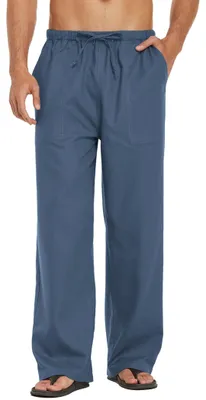 Image de Pantalon en lin pour hommes - Léger - Taille élastique - Bleu ciel