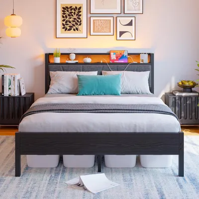 Produktbild von Flieks Jugendbett 140x200cm mit Ladefunktion(USB & Steckdose), Doppelbett mit Led, Kinderbett Klassisches Bett Metallbett mit Polsterkopfteil, Schwarz