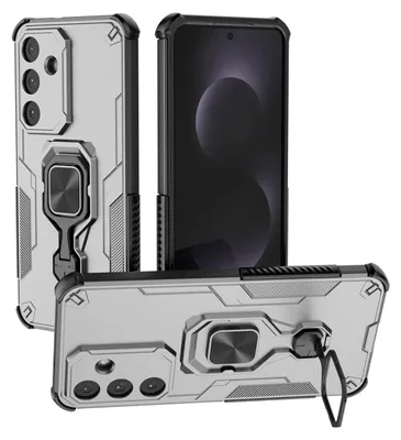 Productafbeelding van MobyDefend Hoesje - Geschikt voor Samsung Galaxy S25 FE  -  Dubbelgelaagde Pantsercase Met Standaard - Zilvergrijs