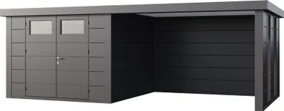 Produktbild von Telluria Metallgerätehaus Classico 3030 mit Lounge Anbau inkl. 2 Fenstern granitgrau/anthrazit Lounge-Anbau rechts