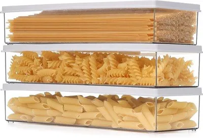 Obrázok produktu pre Sada 3 tenkých nádob na skladovanie cestovín a potravín – priehľadné s vekom, vhodné na skladovanie, vyrobené z plastu bez BPA, rozmer 30,5 x 10,6 x 5,9 cm, vhodné do chladničky