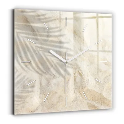 Produktbild von Wallfluent Wanduhr – Stilles Quarzuhrwerk - Uhr Dekoration Wohnzimmer Schlafzimmer Küche - Zifferblatt mit Striche - weiße Zeiger - 30x30 cm - Schatten einer Palme im Sand