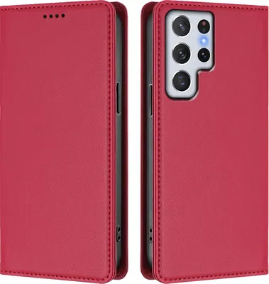 Image de Étui en cuir pour Samsung Galaxy S22 Ultra 5G, étui à rabat magnétique en cuirPolyuréthaneavec support, rouge