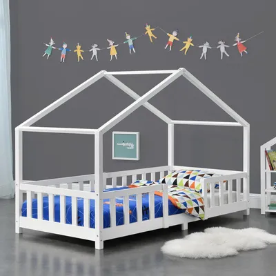Produktbild von Kinderbett 90x200 cm – Aus massivem Kiefernholz, mit Hausform und Sicherheitsgitter
