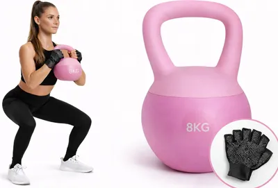 Zdjęcie produktu dla KETTLEBELL 8 kg miękki ketle kula hantla FITNESS trening w domu róż +gratis