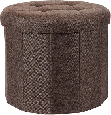 A brown storage ottoman is shown against a white background.
