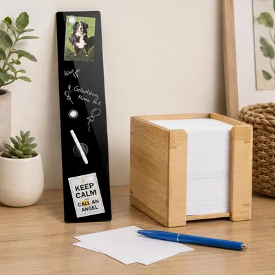 Produktbild von Planungsset mit Glas-Whiteboard (2-teilig) – Schwarzes magnetisches Glas-Whiteboard & Notizbox aus Bambus mit Notizblöcken