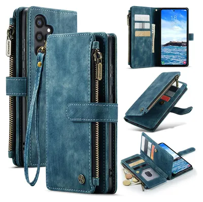 Immagine prodotto di Custodia in pelle per Samsung Galaxy S24, custodia in Finto cuoio con cerniera, chiusura magnetica, tasca per carte, supporto, custodia a portafoglio blu