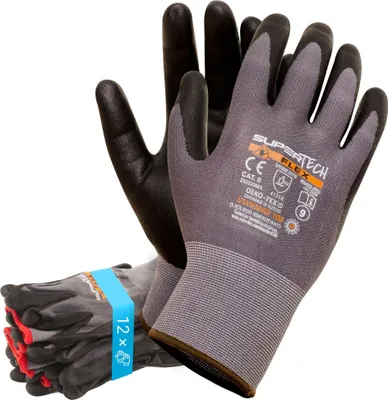Produktbild von 12 Paar Trevendo® Arbeitshandschuhe Super Tech Flex Nylon-Strickhandschuhe schwarz/grau Größe 9