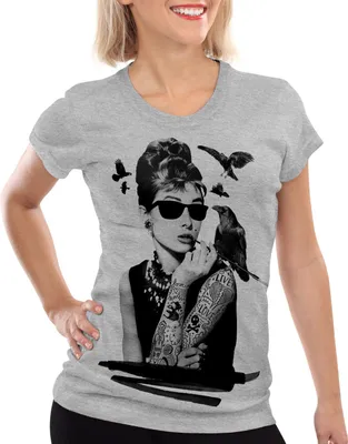 Produktbild von style3 Audrey Tattoo Damen T-Shirt hollywood film hepburn star, Farbe:Grau meliert, Größe:M