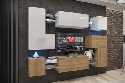 Image de Furnitech Meuble-paroi salon | Meubles de salon avec LED bleu | Meuble-paroi suspendu moderne | Meuble-paroi salon avec étagères et meuble TV (Albania AN3N-21WDZ-HGM33-1A)