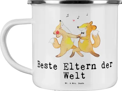 Produktbild von Mr. & Mrs. Panda Teetasse Fuchs Beste Eltern der Welt - Weiß - Geschenk, Mami, Pott, Teebecher, wanderbecher, becher emaille, Dankeschön, Mama und Papa, Tasse, Familie