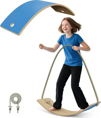 Produktbild von XMTECH Balance Board aus Holz mit EVA Anti-Rutsch Matte Blau, Montessori Spielzeug, Kinder Balancierbrett 82x30x1,5 cm, Wackelbrett für Gleichgewicht und Koordination, inkl. Seil & Holzstäbe