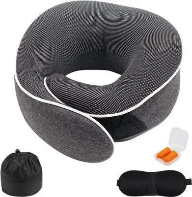Zdjęcie produktu dla Poduszka ortopedyczna Unyqoos® z pianki memory – ergonomiczna poduszka podróżna, idealna w podróży i w domu, z oddychającą, odprowadzającą wilgoć powłoką, w zestawie maska na oczy i zatyczki do uszu