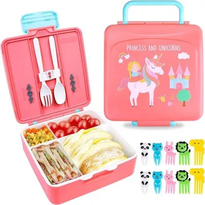 Produktbild von Unyqoos®️ Lunchbox für Kinder mit Fächern - BPA-freie Bento Box mit Besteck - Auslaufsicher und mikrowellengeeignet - Perfekte Lunchbox für Schule, Kindergarten, Camping