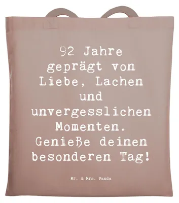 Produktbild von Mr. & Mrs. Panda Shopping Tasche Spruch 92. Geburtstag - Braun Pastell - Geschenk, Alter, Tote Bag, tragbeutel, Tragetasche, Schultasche, Happy Birthday, Laptoptasche