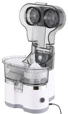 Produktbild von Elektrische Zitruspresse 150W Doppelkopf, Saftpresse mit Fruchtschneider für Orange, Zitrone und Grapefruit