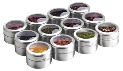 Obrázok produktu pre Sada 12 magnetických nádob na korenie – nerezová oceľ, prachotesné, magnetické dózy na korenie