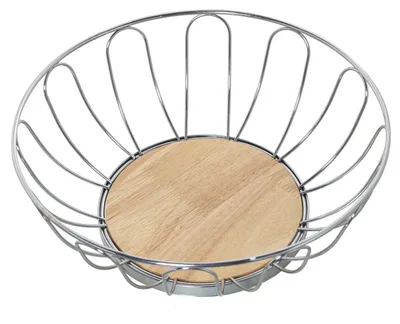 Productafbeelding van Ronde fruitschaal van metaal met houten voet, 28 x 10 cm