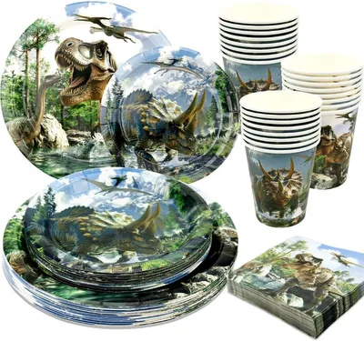 Imagen del producto de Juego de vajilla para fiestas con temática de dinosaurios, de 100 piezas, que incluye platos, servilletas, vasos, ideal para fiestas de cumpleaños infantiles