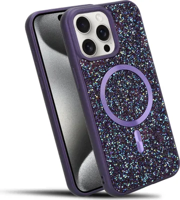 Produktbild von Cadorabo Hülle für Apple iPhone 15 PRO Hülle Glitzer kompatibel mit MagSafe in LILA magnetische Handyhülle Sparkle Diamond für Apple iPhone 15 PRO stoßfeste Diamant Crystal Schutzhülle mit Magnetkraft