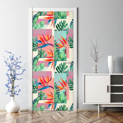 Produktbild von Dekorative TürDekor selbstklebend Tür Tattoo Aufkleber Tropisches Farbenfroh Abstraktion 77 x 200 cm