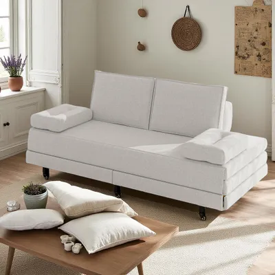Produktbild von Weißes Stoffschlafsofa, 90 x 200 cm, ausziehbar auf 180 x 200 cm, zusammenklappbar und platzsparend