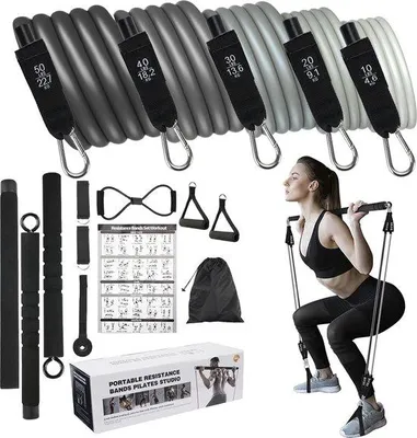Productafbeelding van Famanu Pilates-stang set met 5 weerstandsbanden: 10/20/30/40/50 lbs - Multifunctioneel en verstelbaar