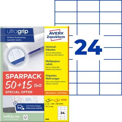 Produktbild von Avery Zweckform 6605, Universal-Etiketten, A4, Qualitätsdruck mit: ultragrip, 70 x 37 mm, 1.560 Etiketten / 65 Bögen, weiß