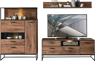 Produktbild von Moderne TV-Wohnwand im Industrial-Design MINNEAPOLIS-55  in Haveleiche Cognac Nachbildung mit Matera anthrazit, B/H/T ca: 269/165/48 cm
