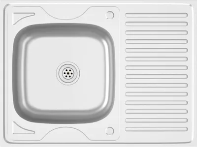 A top-down view of a stainless steel kitchen sink with a drainboard.