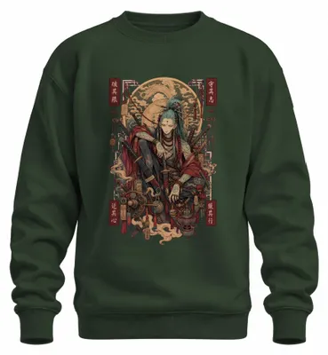 Produktbild von Samurai Ronin Katana Drache Japan Krieger Anime Y2K Manga Sweatshirt Pullover, Flaschengrün, XL