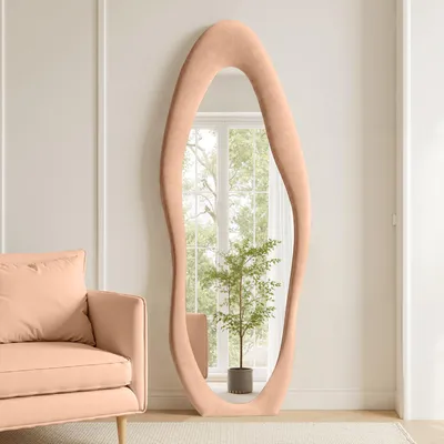 Wellenförmiger Full-Body-Spiegel 160x60 cm, Flanellrahmen, Milchtee