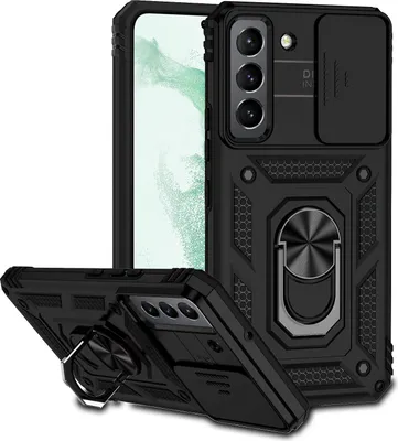 A black phone case with a sliding camera cover and a ring holder is displayed against a white background. Another view of the case is shown in the foreground.